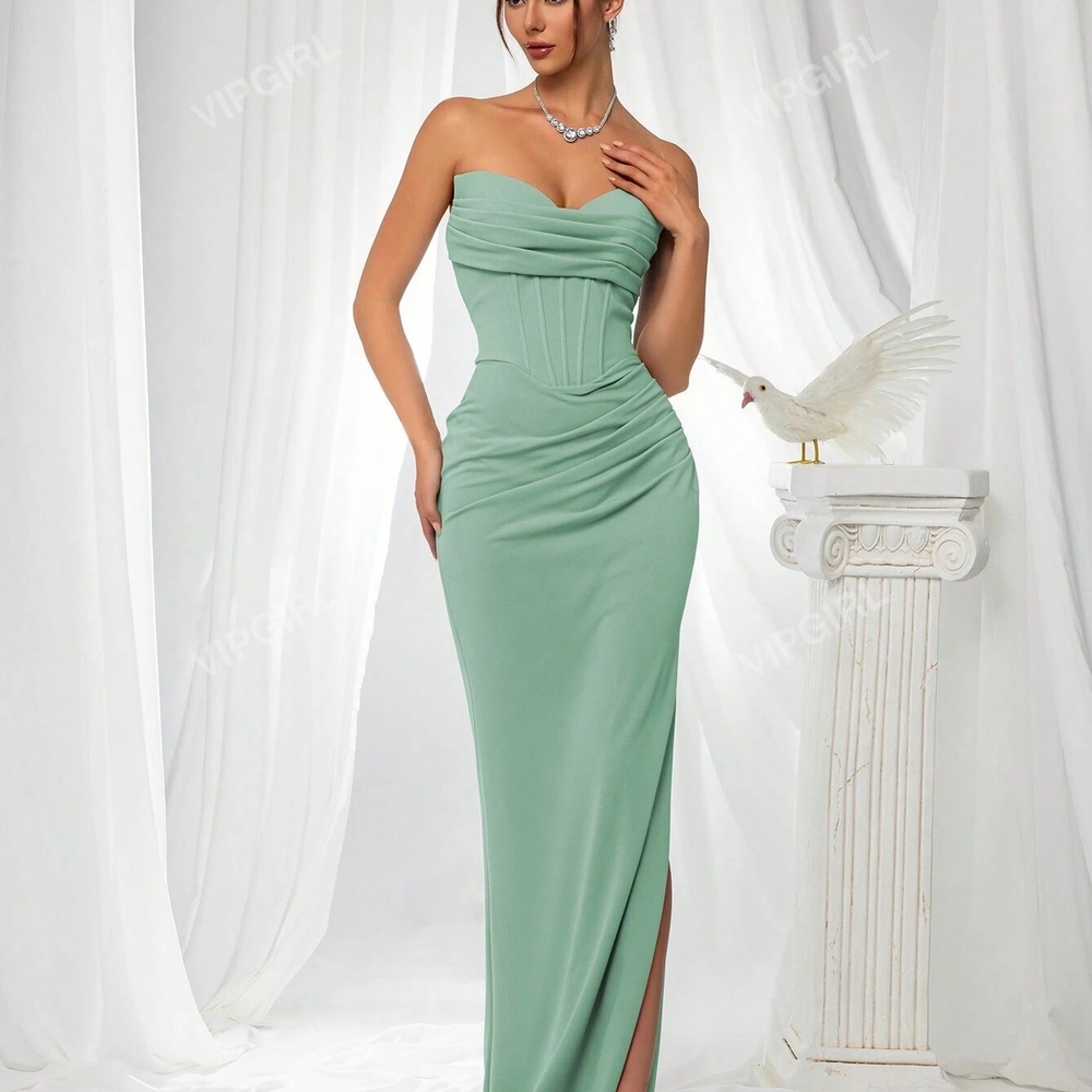 Elegant Strapless Tie Back Corset Green Evening Dress